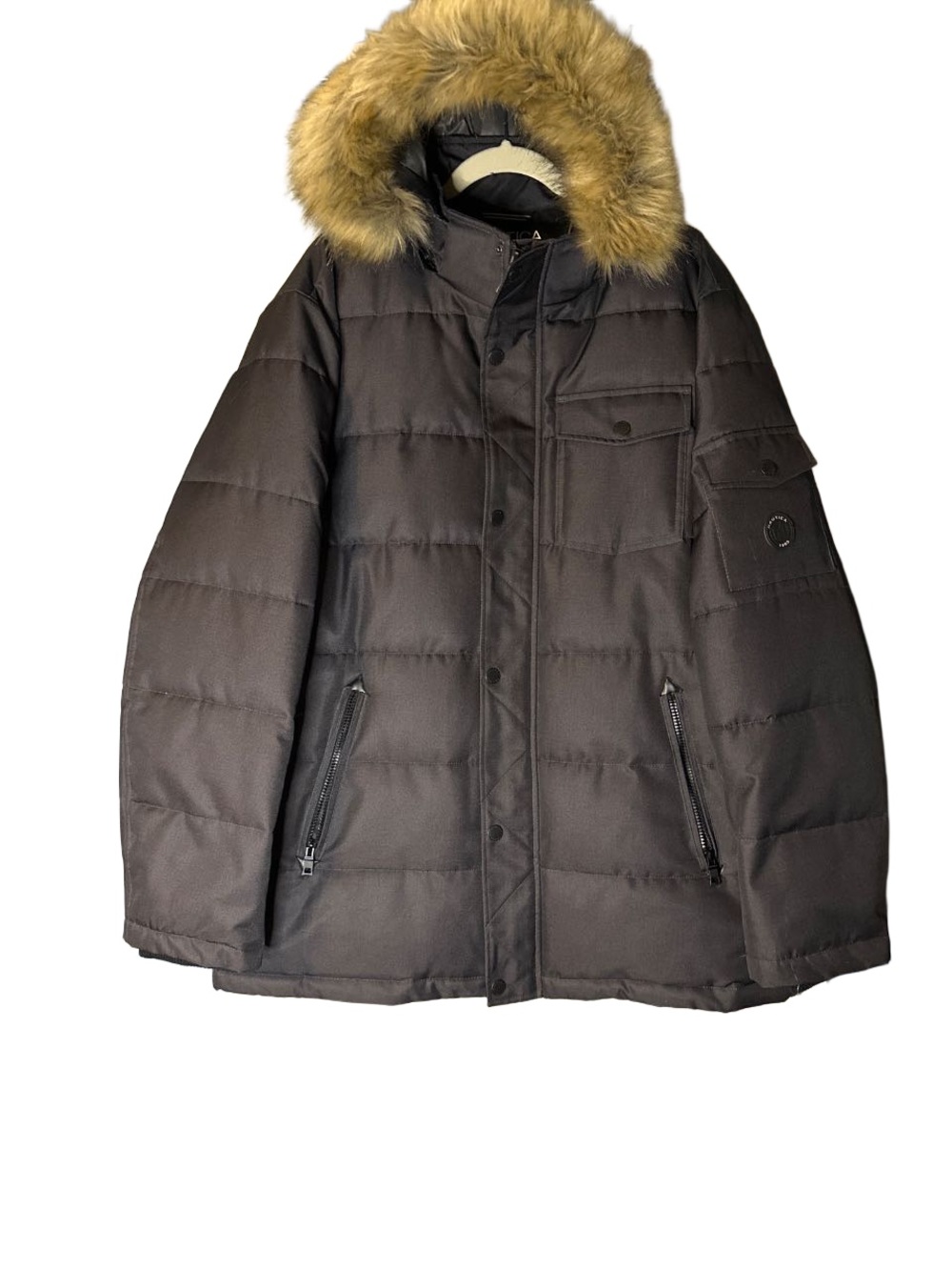 Nautica Black Quilted Parka with Faux Fur Trim Hood, Water Resistant